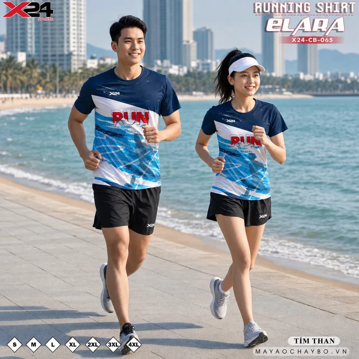 Hai người mẫu nam nữ mặc áo chạy bộ X24 CB-065 tím than phối xanh dương dưới nắng