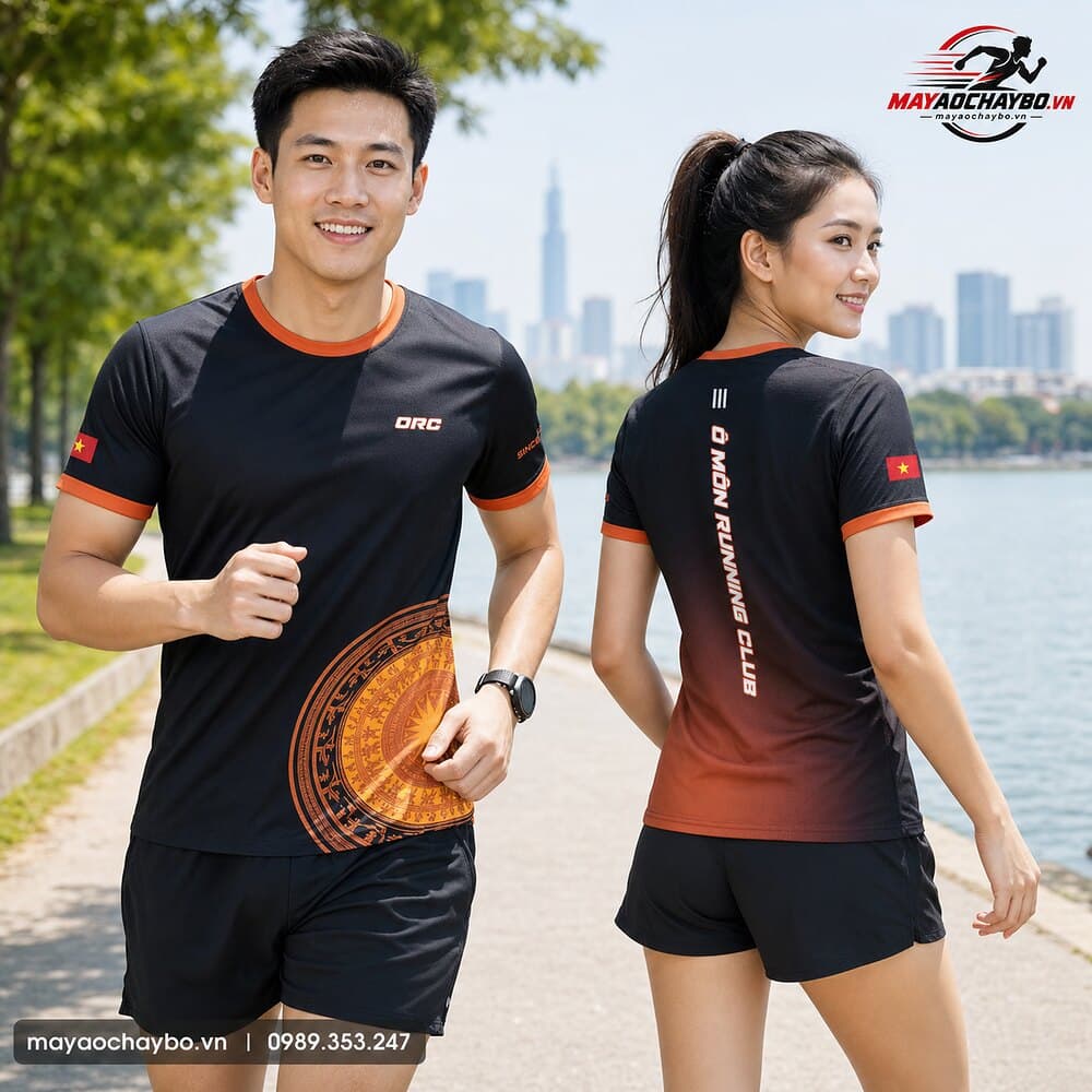 Nam nữ mặc áo chạy bộ Team ORC đen cam họa tiết trống đồng
