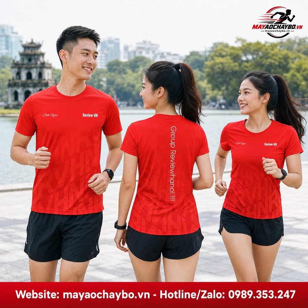 Áo chạy bộ Review HN màu đỏ trên nhóm người mẫu chạy bộ