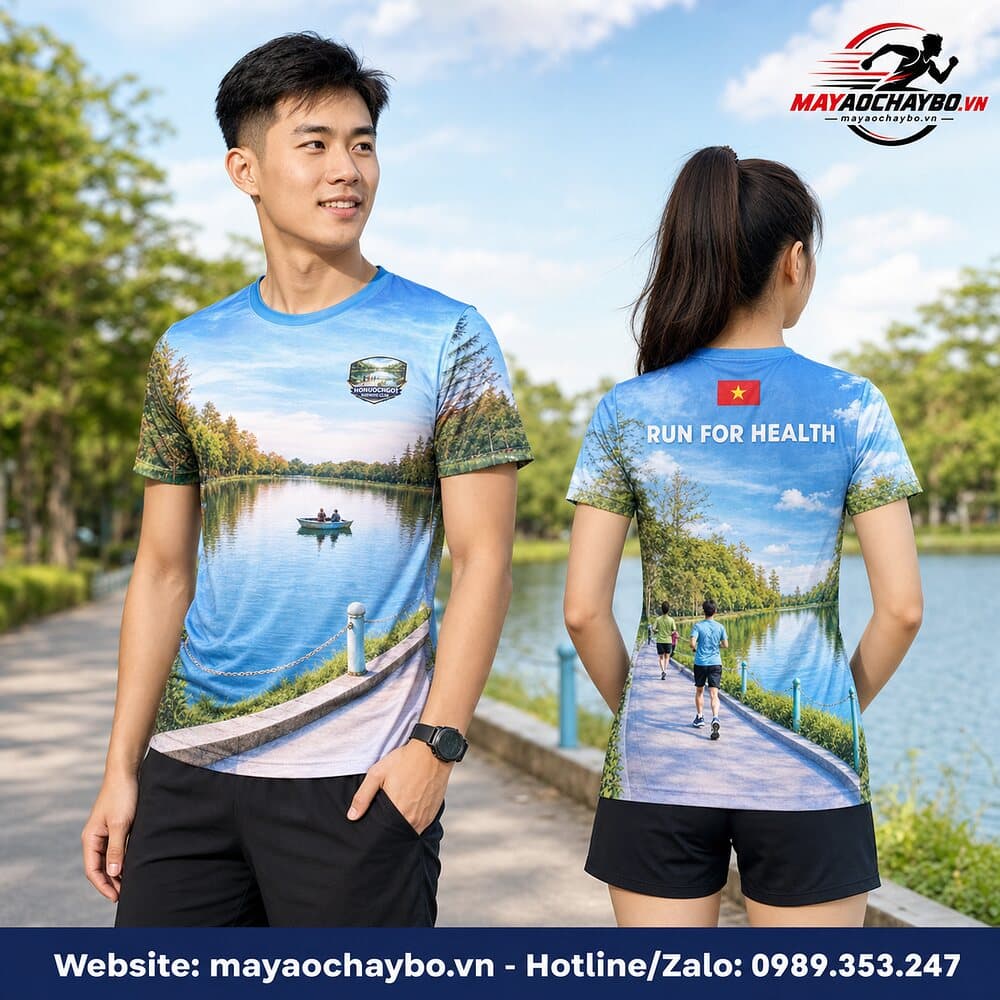 Áo chạy bộ Hồ Nước Ngọt in phong cảnh trên người mẫu nam nữ