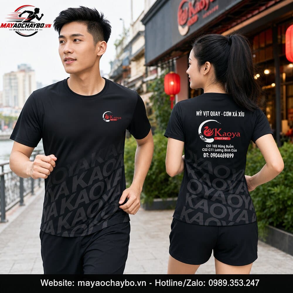 Áo chạy bộ Kaoya màu đen trên người mẫu nam nữ