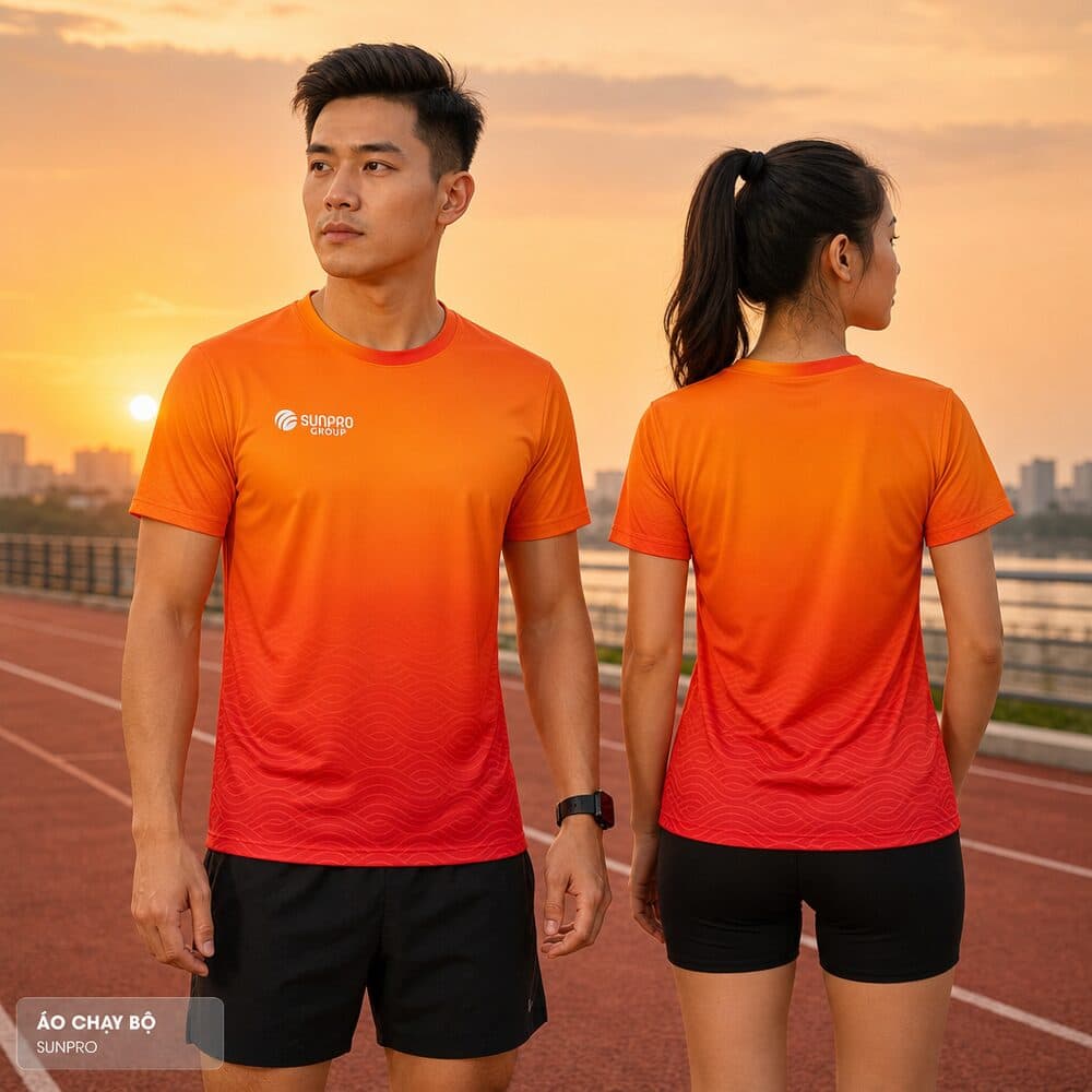 Người mẫu mặc áo chạy bộ SunPro orange red shirt