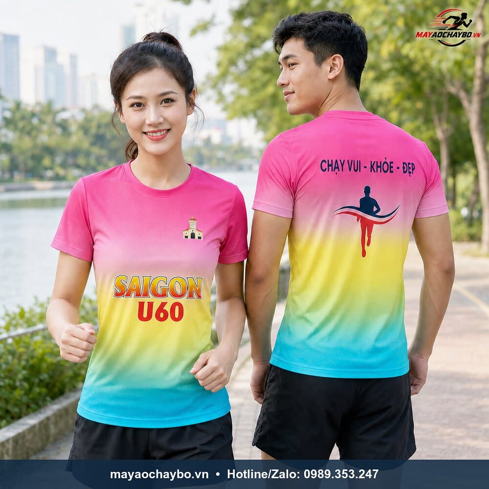 Áo chạy bộ Team SAIGON U60 gradient hồng vàng xanh trên người mẫu