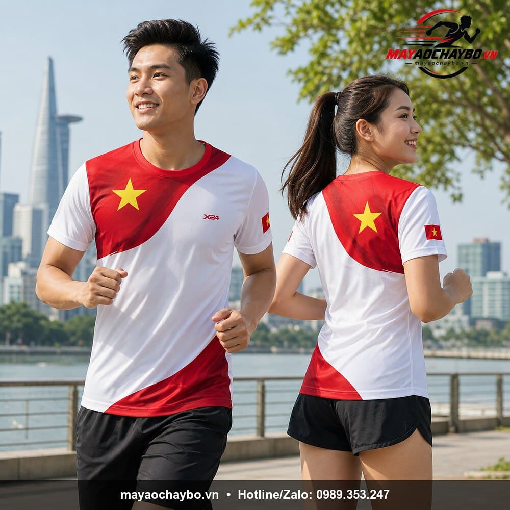 Ảnh người mẫu mặc Áo chạy bộ Hòa Bình Việt Nam – Trắng đỏ sao vàng đầy nhiệt huyết