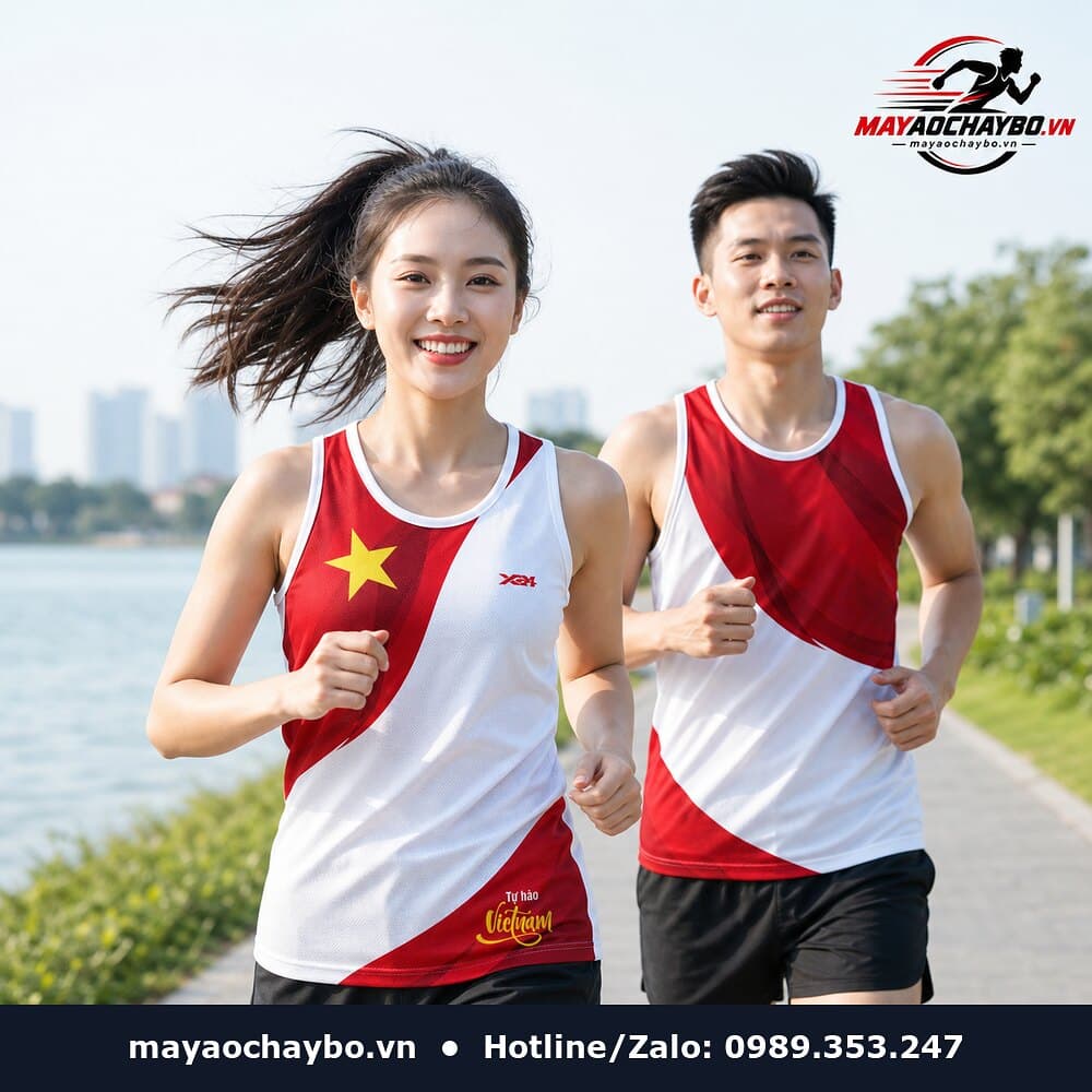 Người mẫu mặc áo chạy bộ Tự Hào Việt Nam đỏ trắng vàng