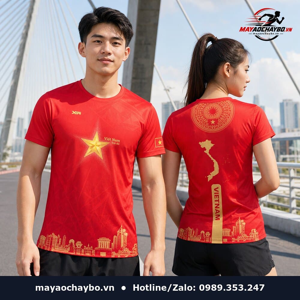 Người mẫu mặc áo chạy bộ Trái Tim Việt Nam màu đỏ
