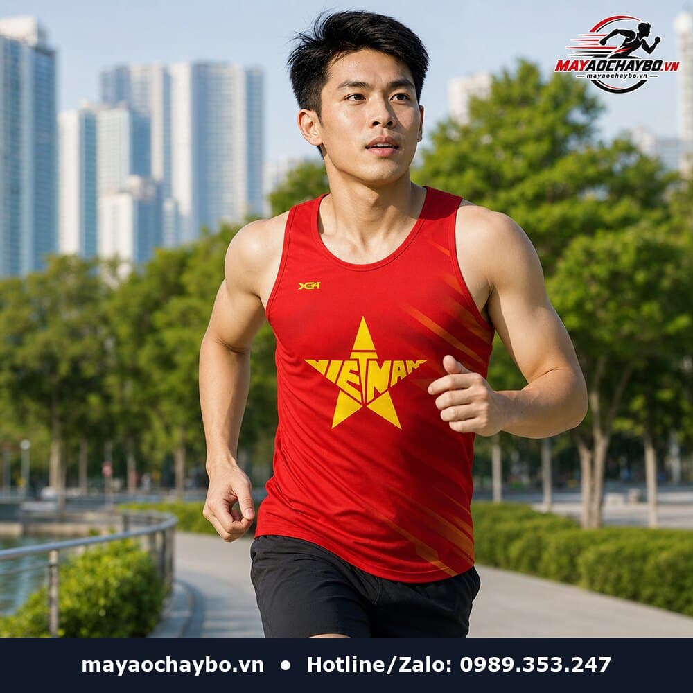 Người mẫu mặc áo chạy bộ Chiến Thắng Việt Nam màu đỏ