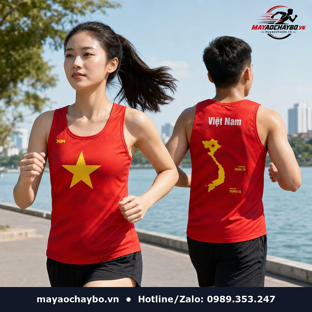 Người mẫu mặc áo chạy bộ Lòng Tự Hào Việt Nam màu đỏ
