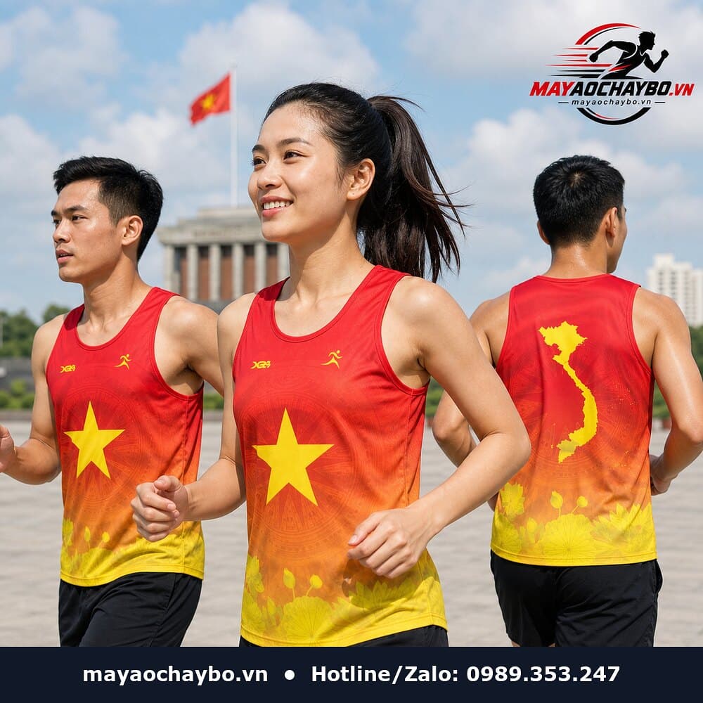 Người mẫu mặc áo chạy bộ cờ đỏ sao vàng