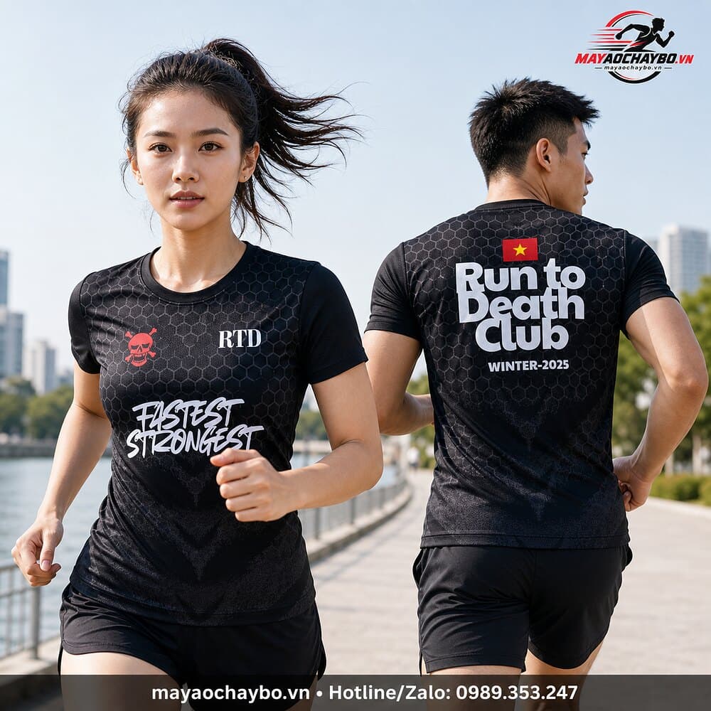 Nam nữ mặc áo chạy bộ Run To Death màu đen, hiển thị mặt trước và mặt sau