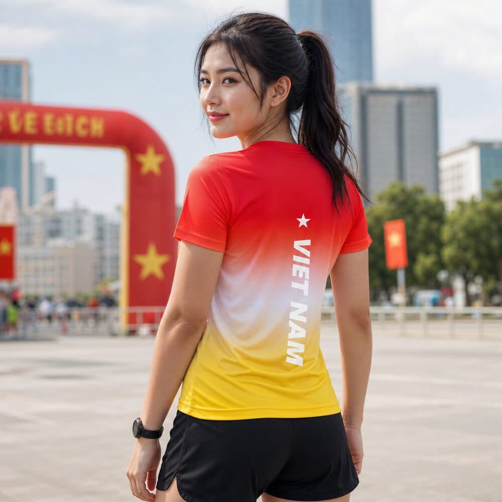 Người mẫu mặc áo chạy bộ Vietnam star red white yellow gradient shirt
