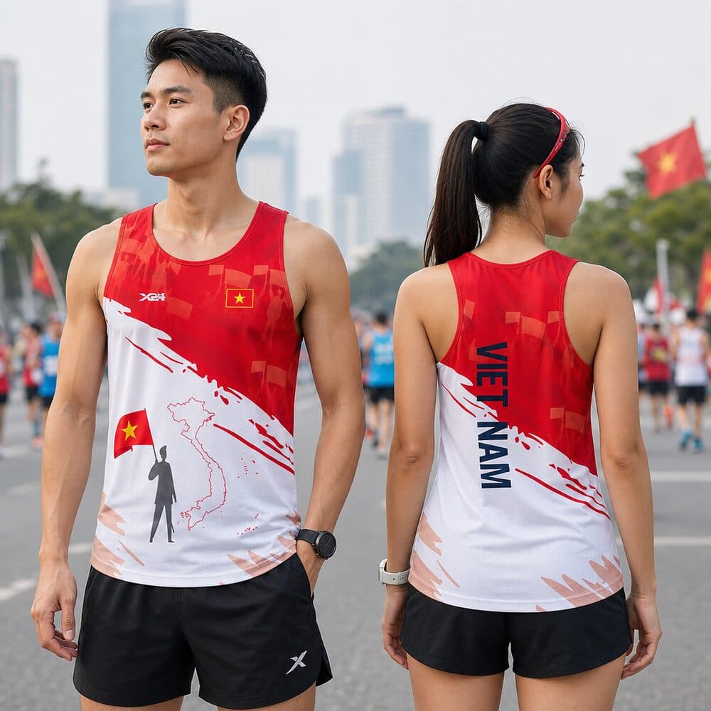 Người mẫu mặc áo chạy bộ Tu Hao Viet Nam red singlet