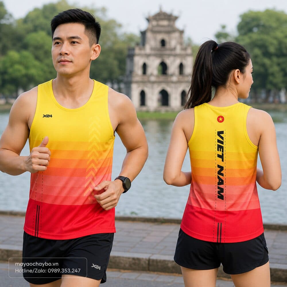 Người mẫu mặc áo chạy bộ Áo chạy bộ chuyển sắc vàng cam đỏ – Năng lượng & Tự hào