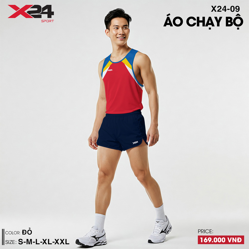 Áo chạy bộ màu đỏ phối xanh và vàng năng động cho công ty sự kiện