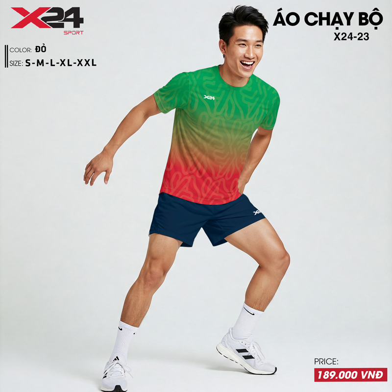 Áo chạy bộ đỏ phối xanh lá hiệu ứng gradient - Chất liệu thể thao co giãn 4 chiều