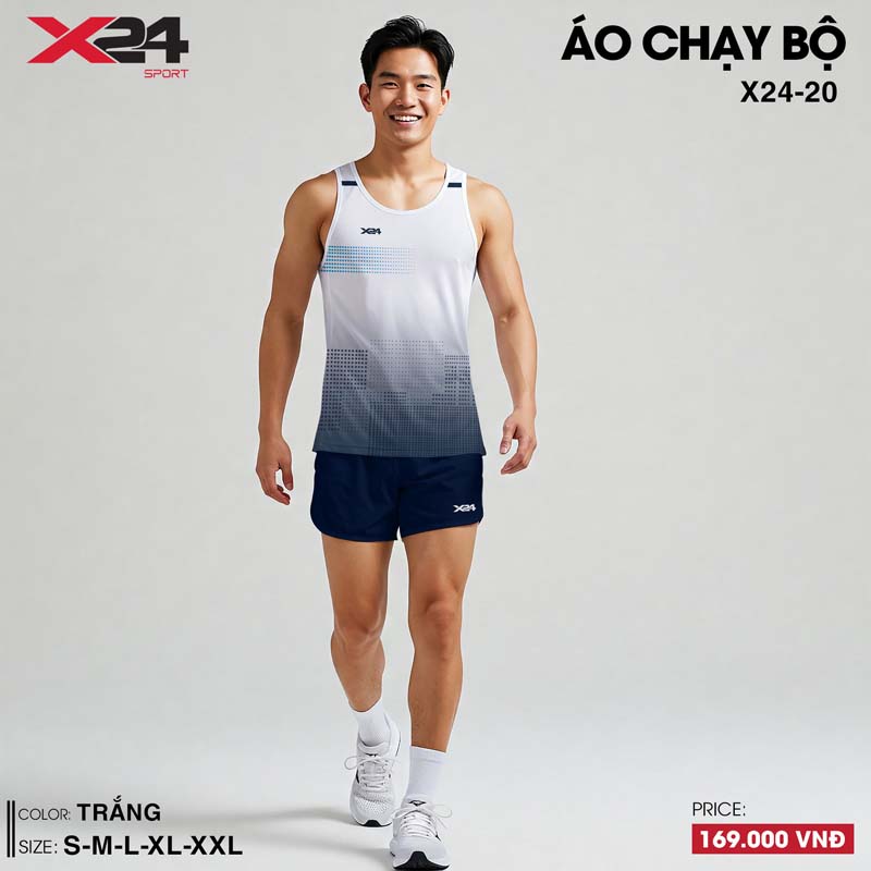 Áo chạy bộ nam màu trắng phối xanh navy X24-20 có họa tiết chuyển sắc
