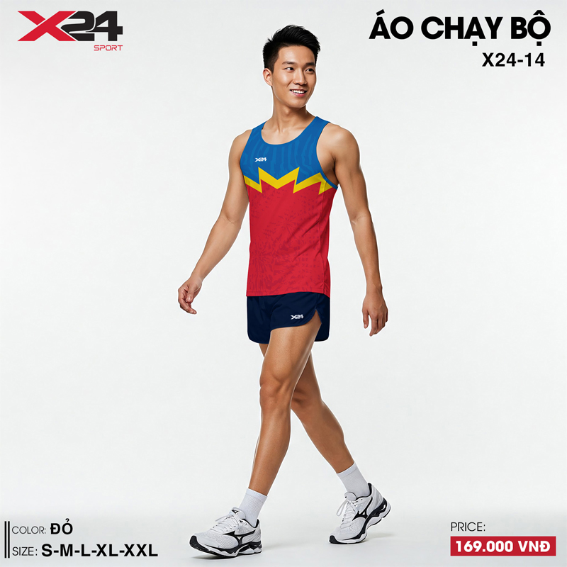 Áo chạy bộ nam nữ màu đỏ phối xanh vàng - thoáng khí, nổi bật