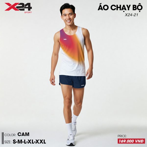 Áo chạy bộ nam trắng họa tiết cam đỏ chuyển sắc không tay - Hình ảnh 2