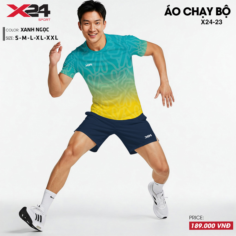 Áo chạy bộ form rộng thoáng khí màu xanh ngọc ombre vàng tươi
