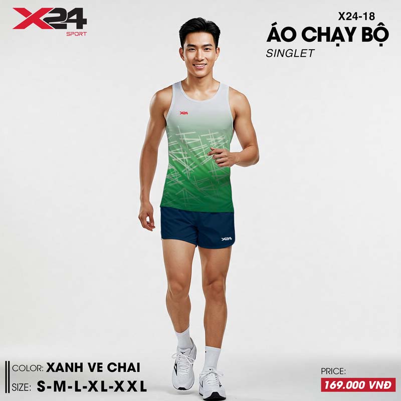 Áo chạy bộ xanh ve chai chất liệu thể thao thoáng khí, họa tiết chuyển động