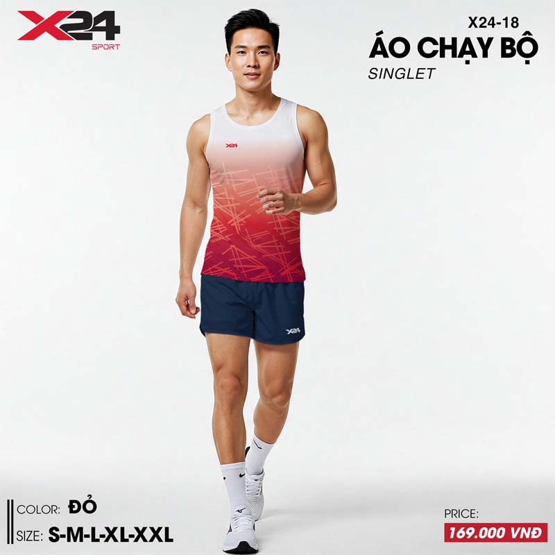 Áo chạy bộ đỏ chuyển sắc họa tiết kẻ chéo hiện đại