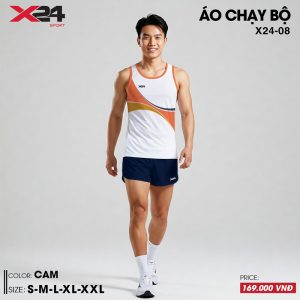 Áo chạy bộ nam trắng phối cam vàng viền cà rô – Thiết kế ba lỗ thoáng mát