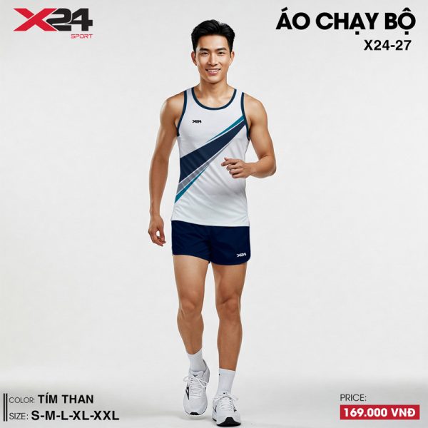 Áo chạy bộ nam màu trắng sọc tím than và xanh dương – Mát mẻ & linh hoạt cho mùa hè - Hình ảnh 2