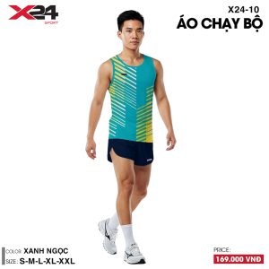 Áo chạy bộ xanh ngọc phối sọc trắng vàng – Thiết kế ba lỗ thoáng khí, năng động