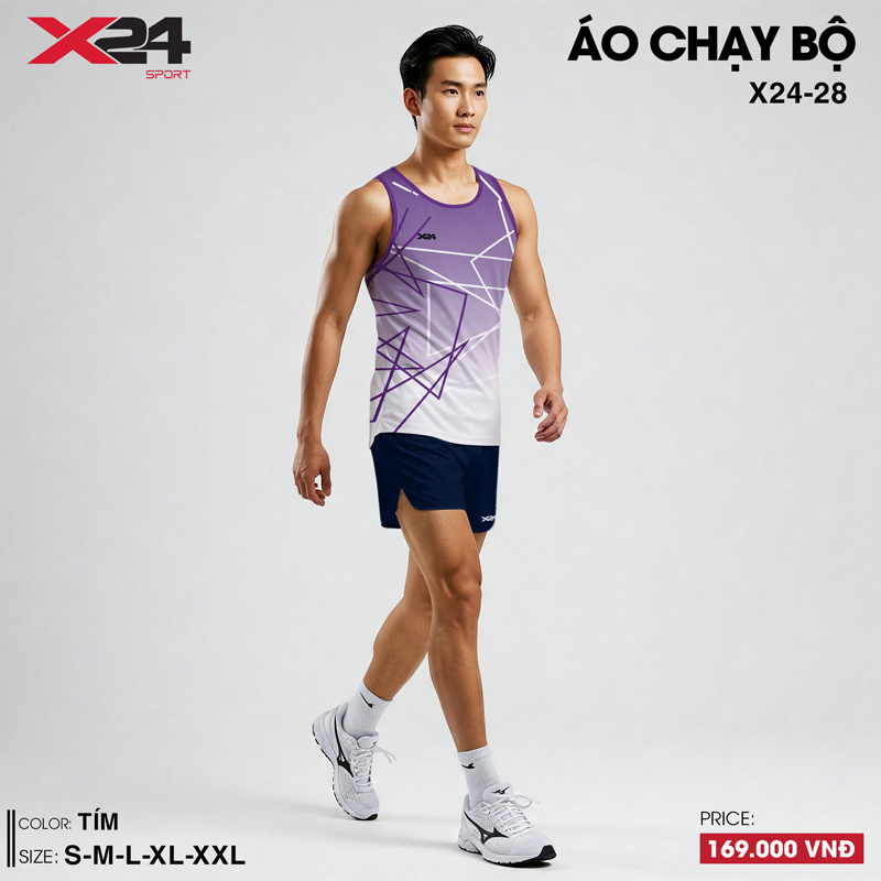 Áo chạy bộ nam màu tím phối trắng họa tiết hình học