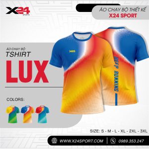 Áo chạy bộ nam màu xanh dương phối đỏ cam vàng – Gradient hiện đại