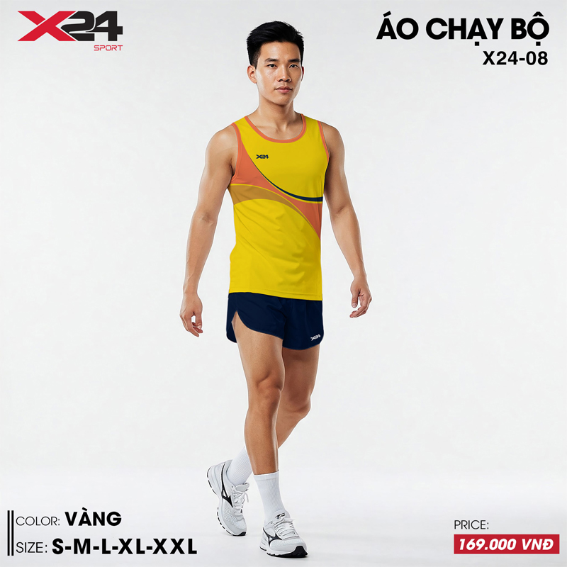 Áo chạy bộ màu vàng phối nâu cam, thiết kế ba lỗ thoáng mát cho thiên nhiên năng động