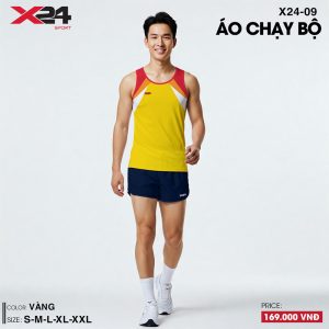 Áo chạy bộ ba lỗ màu vàng tươi phối đỏ trắng