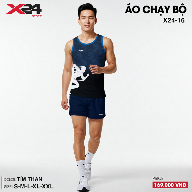 Áo chạy bộ nam không tay màu tím than X24-16 với họa tiết vận động viên