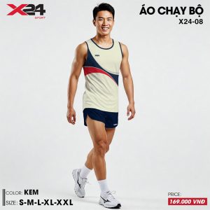 Áo chạy bộ tank-top màu kem phối xanh navy và đỏ