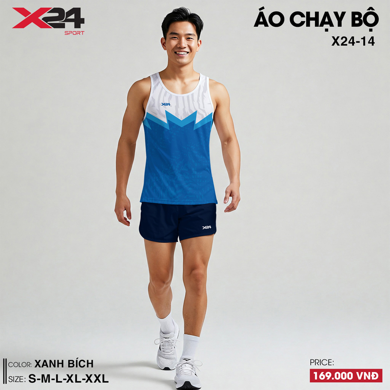 Áo chạy bộ nam xanh bích phối trắng họa tiết đỉnh núi