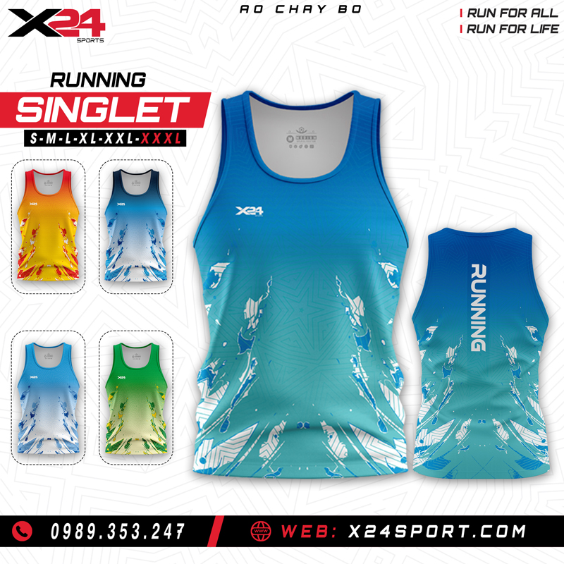 Áo chạy bộ singlet xanh dương - xanh ngọc co giãn thoáng khí