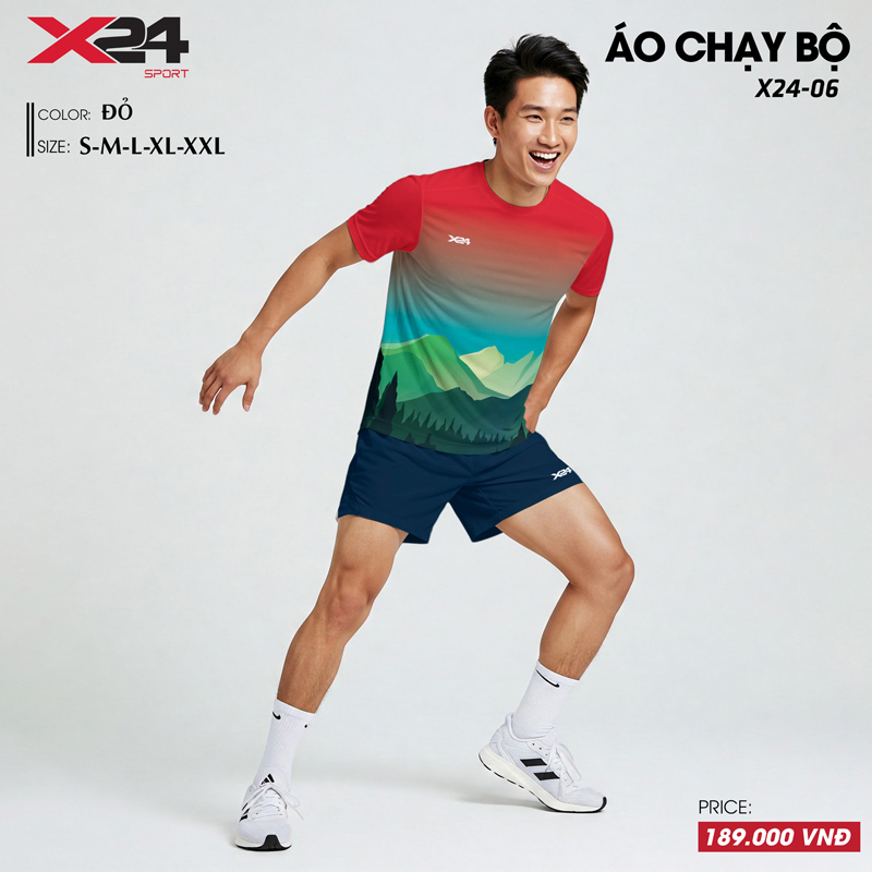 Áo chạy bộ nam màu đỏ phối gradient xanh lá – xanh dương – đen, thiết kế in họa tiết rừng núi trừu tượng, vải thể thao thoáng khí