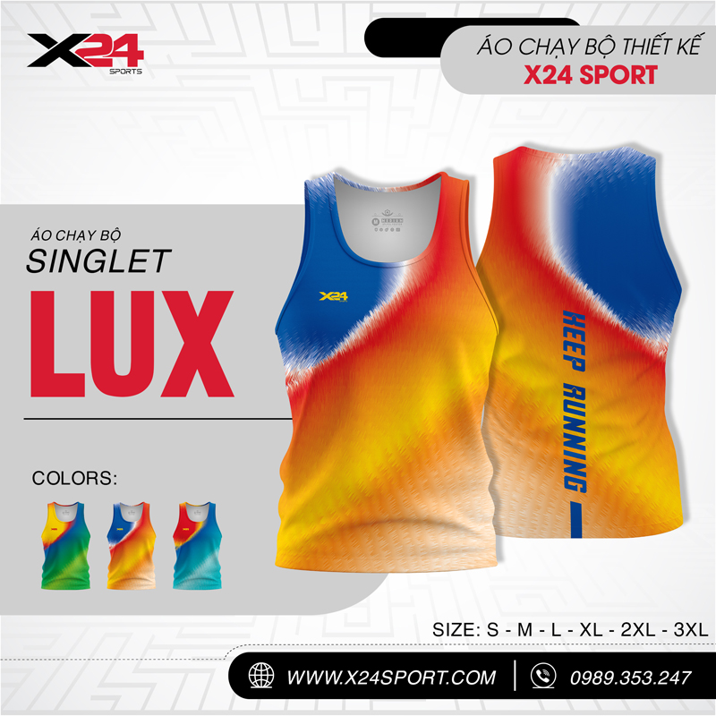 Áo chạy bộ Singlet LUX phối màu xanh cam vàng với slogan Keep Running ấn tượng
