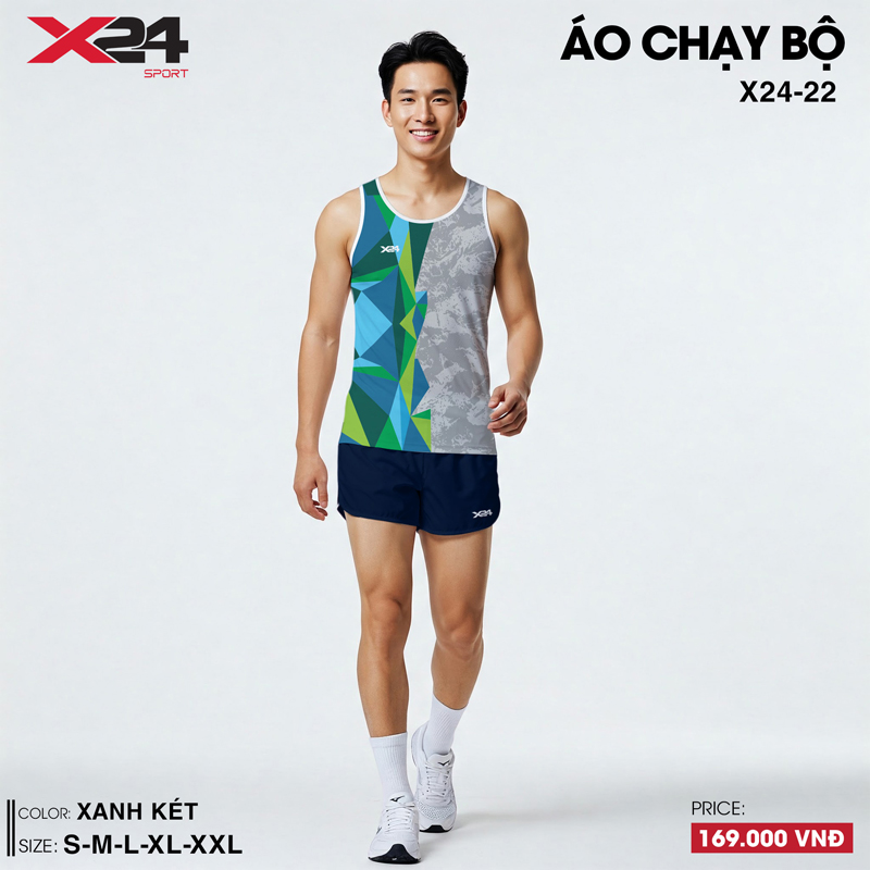 Áo chạy bộ nam màu xanh két xám ánh bạc thiết kế hình học hiện đại