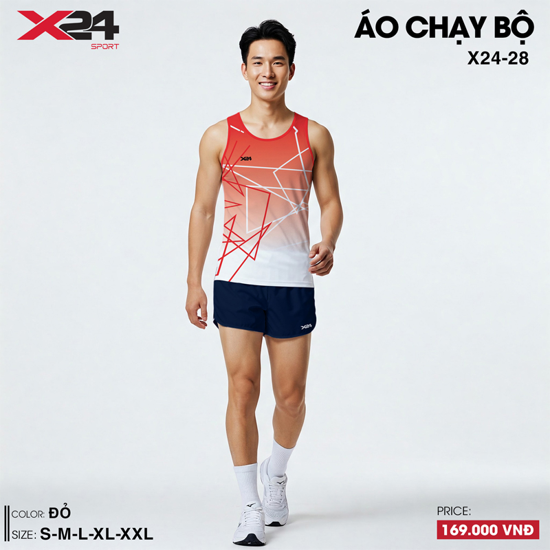 Áo chạy bộ nam màu đỏ trắng phối họa tiết hình học hiện đại