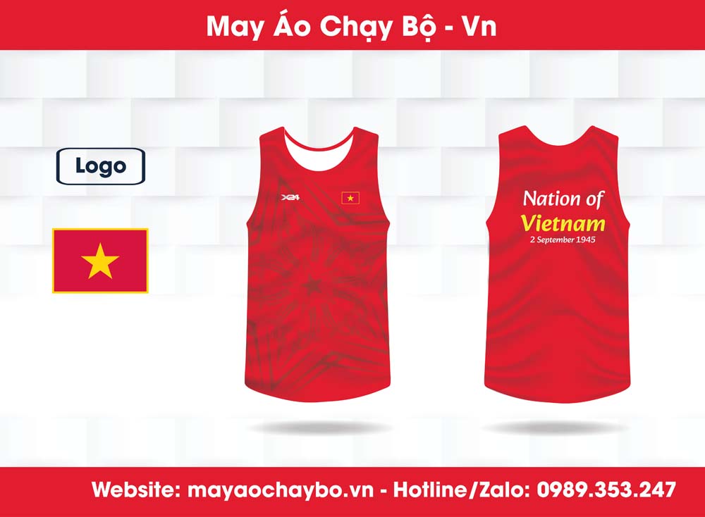 Áo chạy bộ Nation of Vietnam màu đỏ có họa tiết dân tộc và chữ Vietnam nổi bật