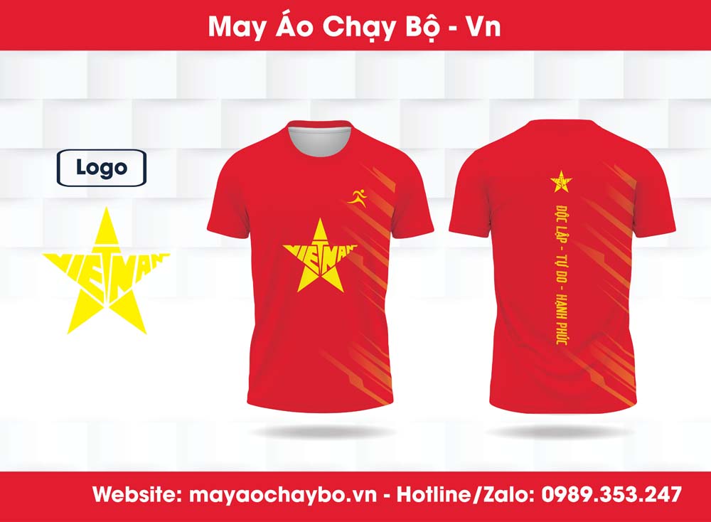 Áo chạy bộ đỏ tươi với họa tiết ngôi sao vàng và tia chớp - đại diện tinh thần dân tộc Việt Nam