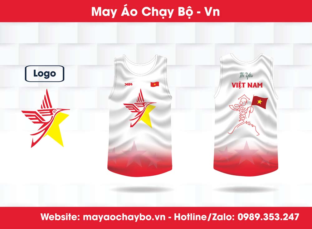 Áo chạy bộ Hừng Khí Việt Nam trắng đỏ với họa tiết ngôi sao vàng và hình người cầm cờ