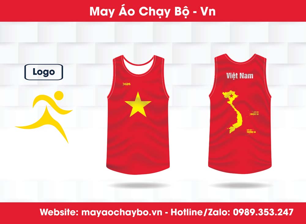 Áo chạy bộ đỏ tự hào Việt Nam với hình bản đồ và ngôi sao vàng