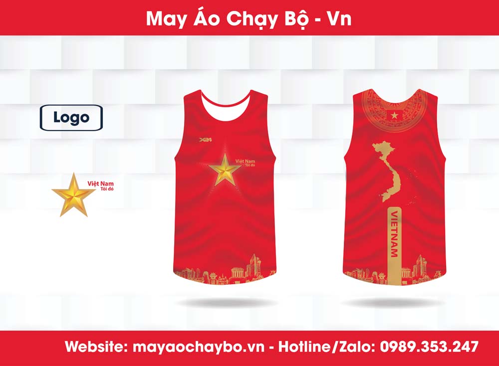 Áo chạy bộ đỏ Việt Nam với họa tiết bản đồ và ngôi sao vàng