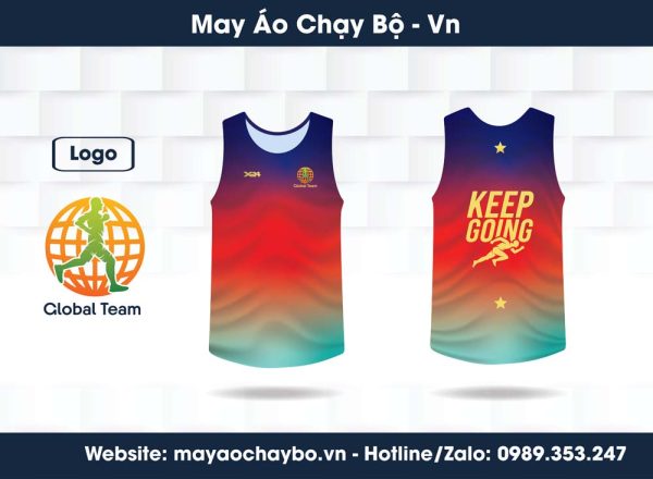 Áo chạy bộ phối màu chuyển sắc xanh biển – đỏ – cam – xanh ngọc