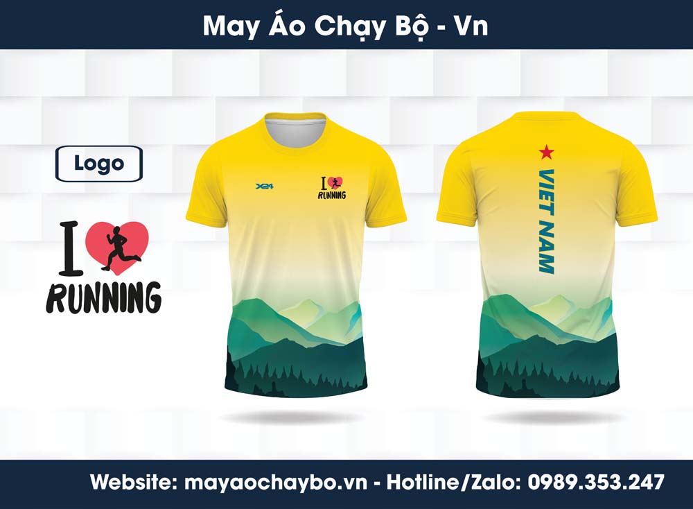Áo chạy bộ vàng gradient thiết kế hình rừng núi và ngôi sao đỏ