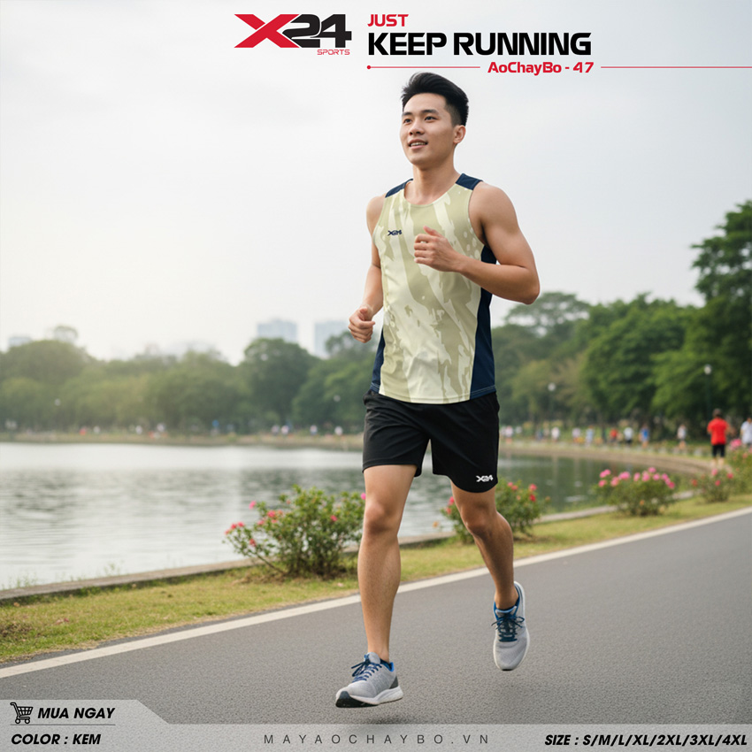 Áo chạy bộ nam X24 màu kem phối sọc xanh navy – dành cho sự kiện thể thao