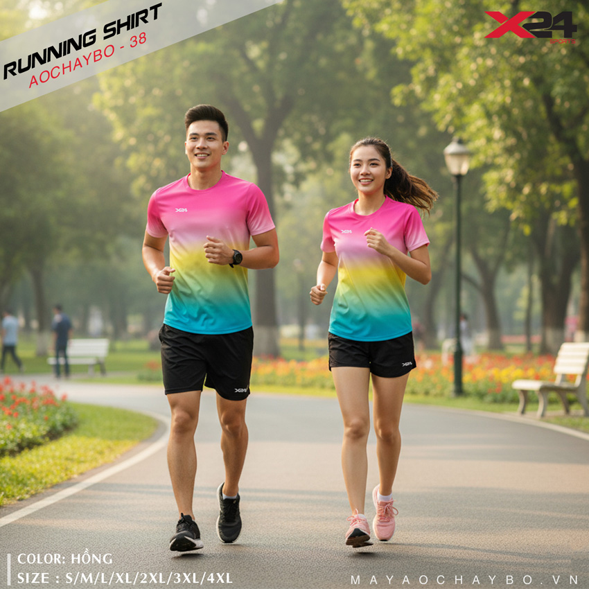 Áo chạy bộ nhóm phối màu gradient hồng vàng xanh dương