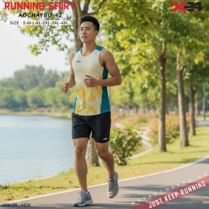 Áo Chạy Bộ Nam Màu Kem Pixel Xanh (AOCHAYBO-42)